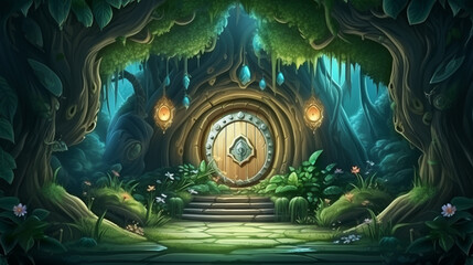 Fantasy beautiful landscape with magic portal in mystic fairy tale forest. fairy door. generative ai