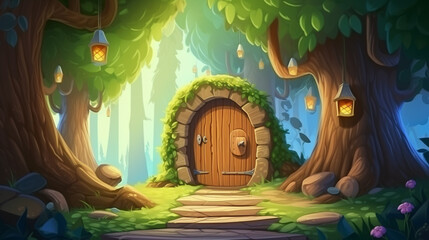Fantasy beautiful landscape with magic portal in mystic fairy tale forest. fairy door. generative ai - obrazy, fototapety, plakaty