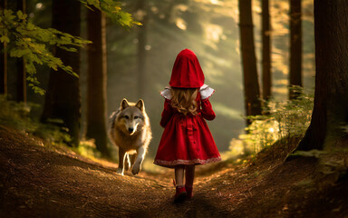 Little Red Riding Hood meets the Big Bad Wolf - obrazy, fototapety, plakaty