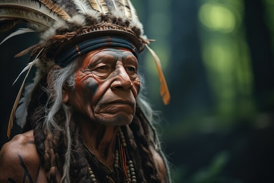 Portrait of an old Native American man in a headdress with feathers. Historical Concept. Background with a copy space.
