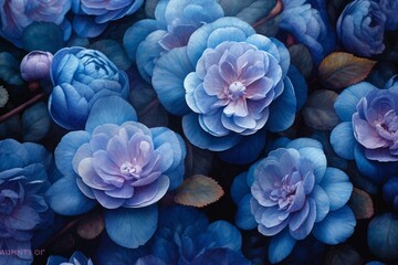 Numerous lofty purple-blue camellias. Generative AI