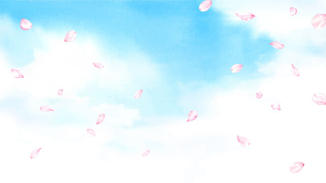 青空に舞う桜の花びらの水彩イラスト