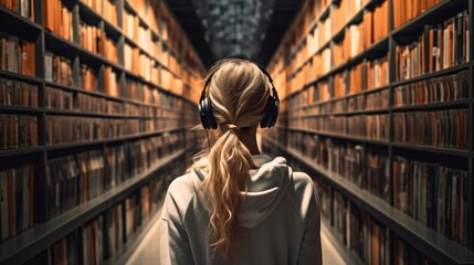 Young girl with headphones on her head standing in large library.