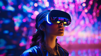 Portrait of a beautiful young woman wearing virtual reality goggles in futuristic style and neon lighting.