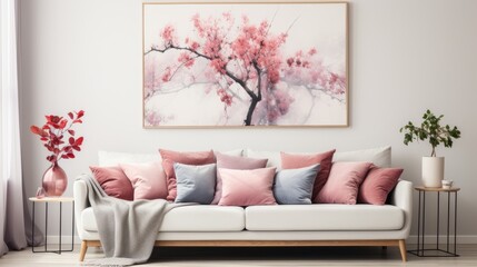 Contemporary Living Room with Grey Sofa, Pink Pillows, and Abstract Art - Modern Interior Design for Relaxation and Art Appreciation