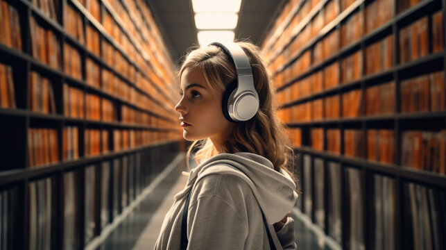 Young girl with headphones on her head standing in large library.