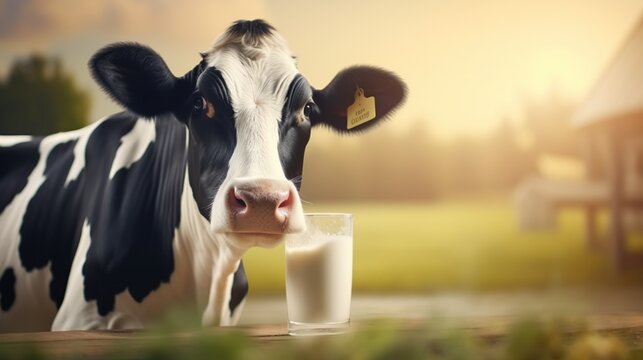 Dairy cow with milk production background. AI generated image