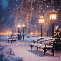 Fototapeta na wymiar Winter park at night with street lamps, benches and trees covered with snow.