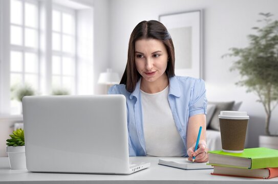 Young business woman employee working on laptop, AI generated image