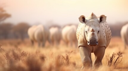 Big rhino animal in nature savanna background. AI generated image