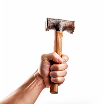mano de un hombre sosteniendo un martillo en un fondo blanco 