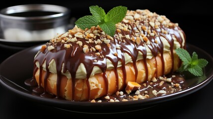 Delicious cream eclair with chocolate topping and hazelnuts