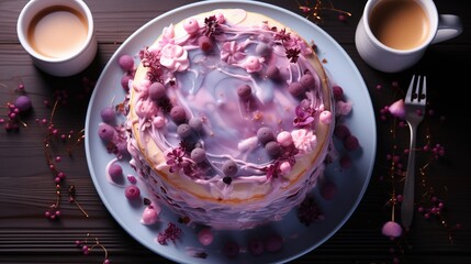 Delicious blueberries cake with rich decoration