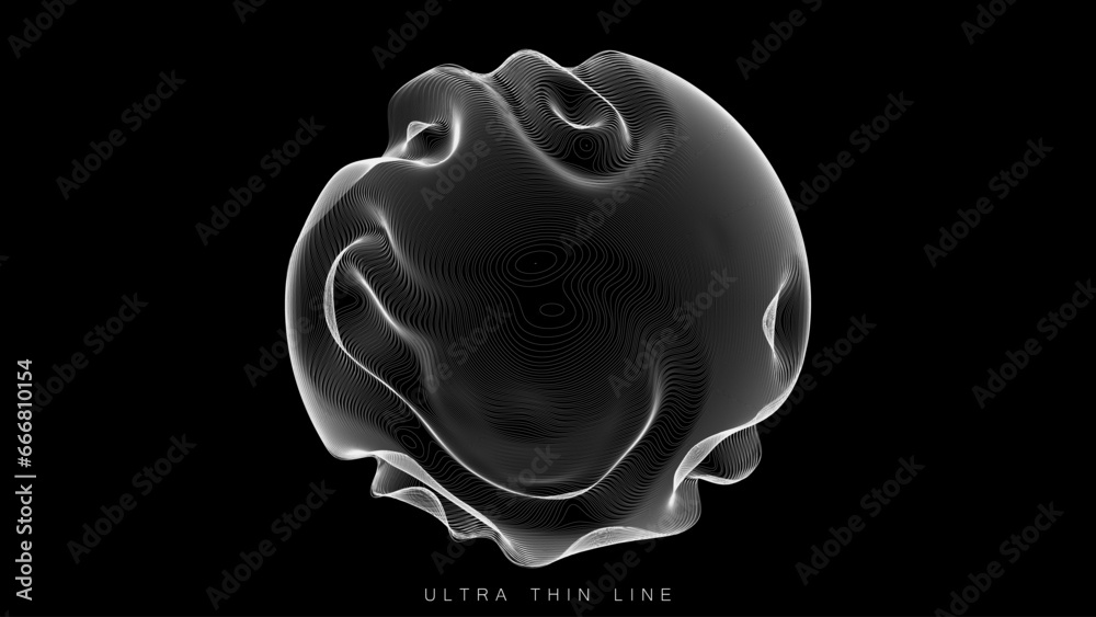 Poster ultra thin line fluid geometry. dynamic vector distorted spheres.