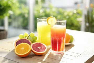 close up of fresh juice glass and fruits on table