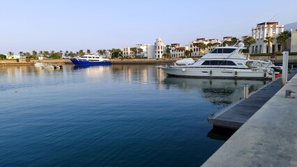 Muscat, Oman - 20 Oct 2023. Boats docked at Jebel Al Shifa Resort. Sea View. Sea Shore View