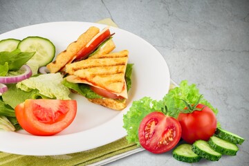 Tasty fresh sandwich with ham and cheese