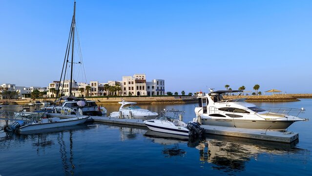 Muscat, Oman - 20 Oct 2023. Boats docked at Jebel Al Shifa Resort. Sea View. Sea Shore View