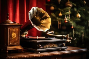 A vintage gramophone sitting on a wooden shelf, playing an old Christmas vinyl record, transporting you to a bygone era of holiday music.