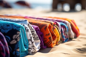A row of colorful beach towels spread out on the sand, each with a unique handdrawn design representing a different survivors personality. - obrazy, fototapety, plakaty