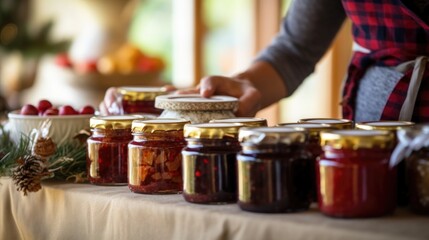 Closeup of a vendor arranging jars of homemade jams and preserves, made from seasonal fruits and...