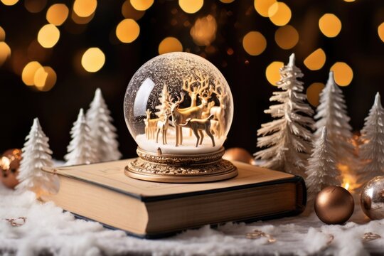 A small table is covered in spell books and scrolls, each one open to a different page. On top of the books, an intricate snow globe captures a scene of a winter wonderland, complete with