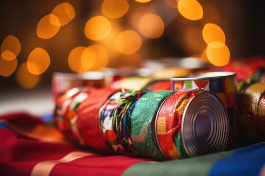 Closeup of a can of food, wrapped in a s of colorful paper, the only present these survivors could give each other in the barren world.