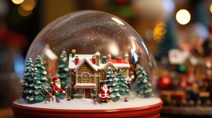 Closeup of a miniature North Pole scene, with Santas workshop, his sleigh, and a glimpse of his magical village, all displayed within a glass orb adorned with snowmen, candy canes, and other
