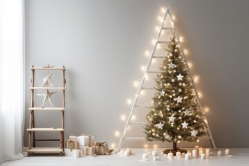 Closeup of a string of white lights wrapped around a wooden ladder, creating a unique and minimalist Christmas tree alternative. A few small ornaments and a simple star tree topper complete - obrazy, fototapety, plakaty
