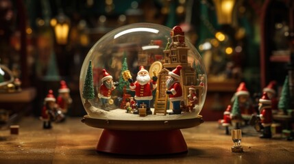 A whimsical Santas workshop, with elves hard at work making toys on a miniature assembly line, all displayed within a glass orb embellished with holiday trinkets. - obrazy, fototapety, plakaty