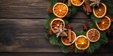 Closeup of a wreath made from dried orange slices, cinnamon sticks, and fresh greenery. The natural elements give off a cozy and rustic vibe, perfect for a Scandinavianinspired Christmas.