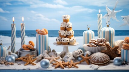 Closeup of a dessert table, where cookies decorated with blue and white stripes, starfish, and crabs can be found alongside a gingerbread lighthouse centerpiece. - obrazy, fototapety, plakaty