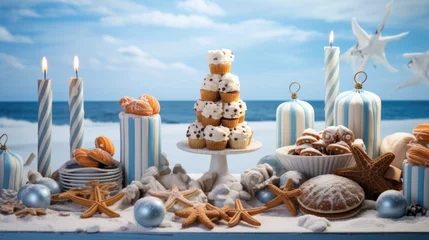  Closeup of a dessert table, where cookies decorated with blue and white stripes, starfish, and crabs can be found alongside a gingerbread lighthouse centerpiece. © Justlight