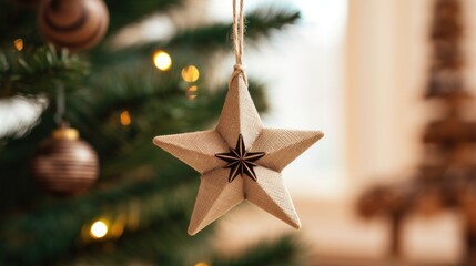 Closeup of a wooden star ornament with metal accents hanging on a burlap Christmas tree.