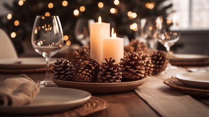 Glimpse of a dining table set with wooden chargers, metal napkin rings, and a centerpiece of pinecones and candles.