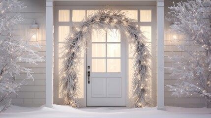 A frosty wreath made completely of silver branches hangs on a white door, creating a stunning monochromatic holiday statement. The wreath is highlighted by a single string of ling white