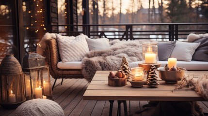A cozy outdoor Christmas setup, with a mix of patterned throws, pillows, and lanterns tered on a...