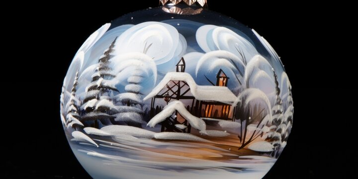 Closeup of a handpainted glass ball ornament, depicting a scenic winter landscape with a quaint village and frolicking ice skaters.