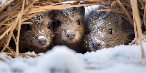 A family of javelina, typically found in hot desert regions, huddled together under a makeshift blanket made of branches, trying to keep warm in the snow. - obrazy, fototapety, plakaty