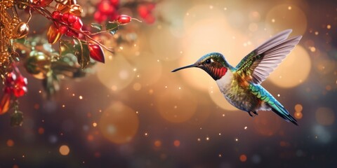 Closeup of a delicate hummingbird hovering above an array of tiny, intricately decorated baubles, its tiny wings a blur as it admires the Christmas decorations.