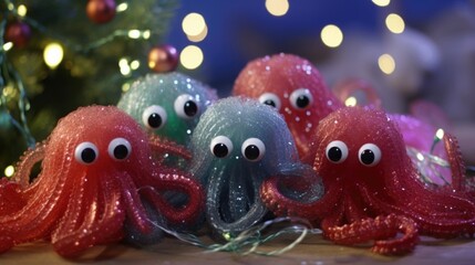 A group of mischievous octopuses playfully wrapping each other up in strands of tinsel as they celebrate Christmas in their own unique way.