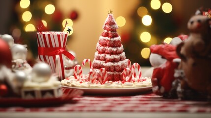 A tiny ant carrying a miniature candy cane on its back, making its way across a table filled with festive treats and decorations. - obrazy, fototapety, plakaty