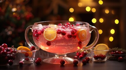 A punch bowl filled with a fruity, bubbly Christmas punch, adorned with floating cranberries and a hint of mint, surrounded by glowing candles. - obrazy, fototapety, plakaty