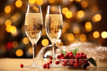Sparkling g juice in an elegant stemware, with bubbles rising to the top as it sits on a table adorned with pinecones and red berries.