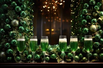 Vibrant green Christmas wreaths adorn the wall in the background as the bubbles in a glass of sparkling cider rise to the top.