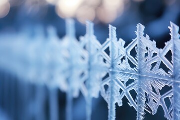 A closeup of a fence or railing covered in frost, each bar and post adorned with its own unique pattern.