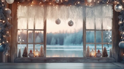 Closeup of an icy window with droplets frozen in place, showcasing the view of a frozen lake with a wooden cabin decorated with lights and wreaths.