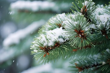 A branch of a pine tree, covered in a light dusting of snow. The needles are gently weighed down by the snow, creating a peaceful and serene scene that captures the essence of Christmas.