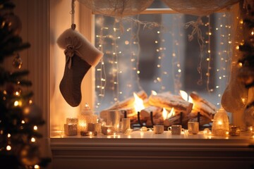 Closeup of an icy window pane, showcasing the reflection of a cozy living room decorated with stockings, garlands, and a festive fireplace.