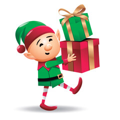 Vector illustration of a Christmas elf with gifts isolated on white background.